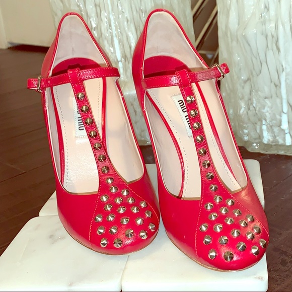 Miu Miu Shoes - NEVER WORN Red Miu Miu studded T-Strap Mary Janes